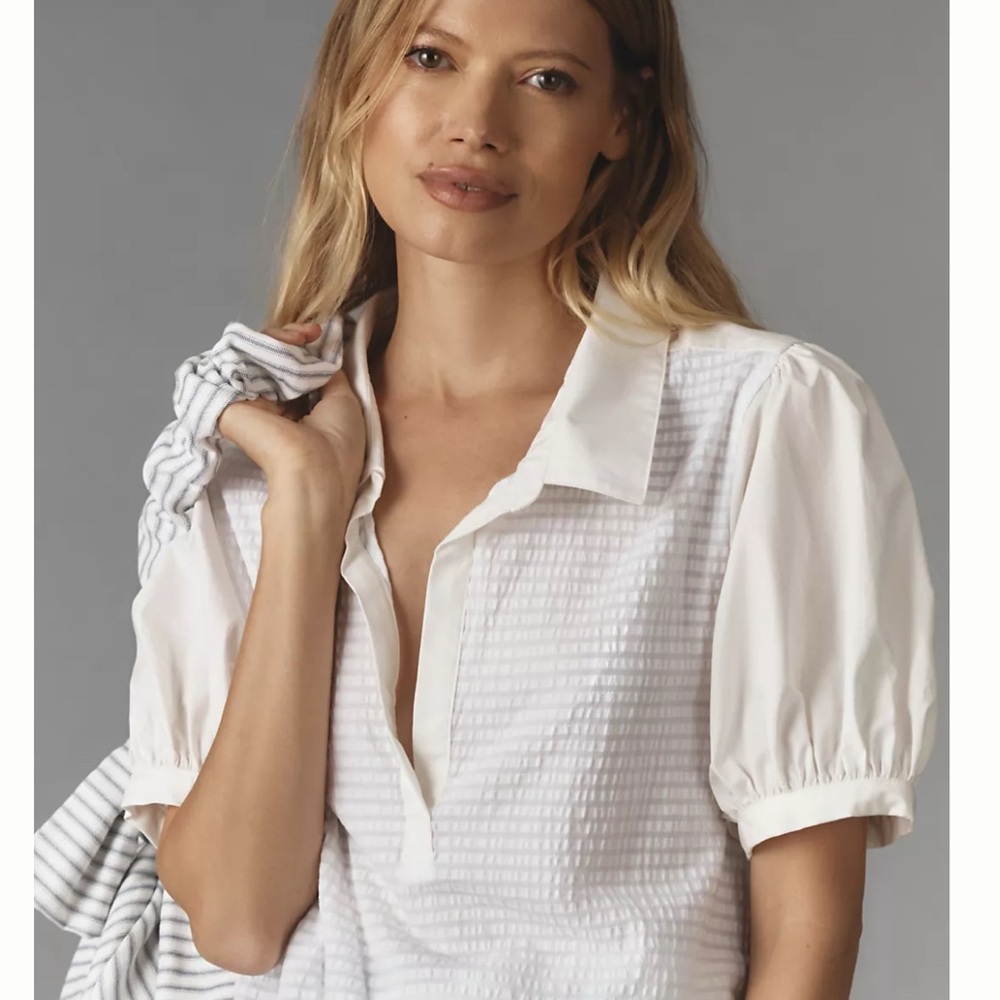 Maeve Puff-Sleeve Sea Breeze Top White - Size M